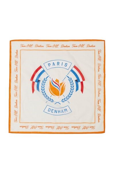 A white bandana with orange and blue details, featuring the text 'DENHAM' and a floral wreath design, along with the words 'PARIS' and 'ESSENTIAL'.