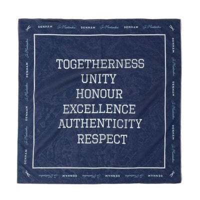 A blue bandana with white text that reads 'Togetherness Unity Honour Excellence Authenticity Respect'.