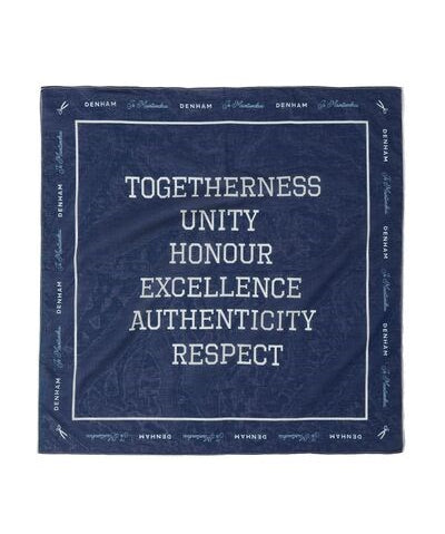 A blue bandana with white text that reads 'Togetherness Unity Honour Excellence Authenticity Respect'.