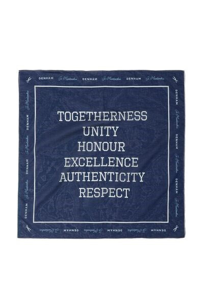 A blue bandana with white text that reads 'Togetherness Unity Honour Excellence Authenticity Respect'.